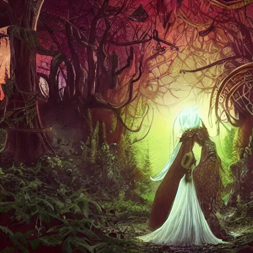Prompt: analog video footage of of the marriage between a death god and a war goddess in a magical forest in the style of high urban fantasy Hyper detailed Hyper Photorealistic High Resolution HD 8k post-processing