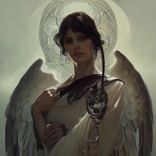 Image similar to portrait of the angel of death, detailed face, intricate, highly detailed, digital painting, artstation, concept art, sharp focus, illustration, art by greg rutkowski and alphonse mucha