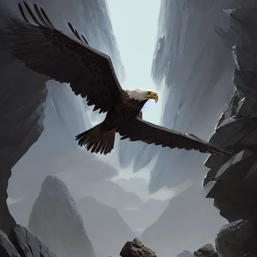 Image similar to eagle. granite rocks. batscoming out from the entrance. 4 k, concept art, by wlop, ilya kuvshinov, artgerm, krenz cushart, greg rutkowski, pixiv. cinematic dramatic atmosphere, sharp focus, volumetric lighting, cinematic lighting, studio quality