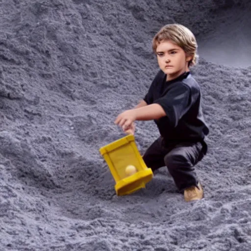 Prompt: still of Anakin Skywalker playing in a sandbox