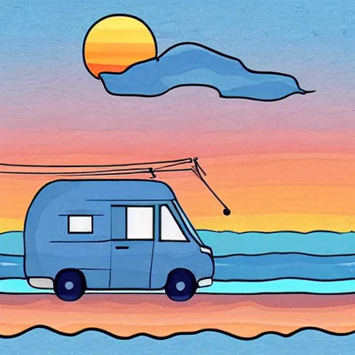 Prompt: beautiful cute cozy very little rv by the water, sunset, puffy cute clouds, cute simple cartoon, vector, white background, watercolor, 4 colors!!!