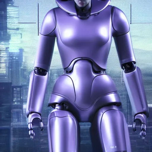 Image similar to Epic masterpiece of a female android robot, by ghost in the shell, full body shot, 8k, iridescant colors.