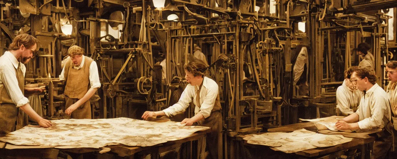 Image similar to the invention of the printing press using spaghetti, small details, intricate, canon 8 0 mm, cinematic lighting, wes anderson film, kodachrome