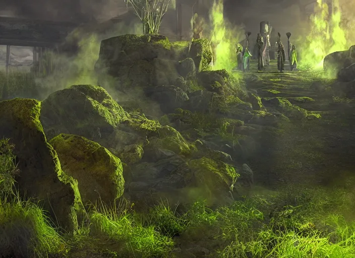 Image similar to a scene from hades, highly detailed, radiant lighting, green ambience, steam rising from rocky ground