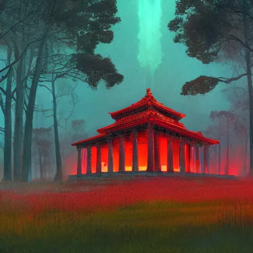 Image similar to red ancient temple, green hills, big trees, star trails, dramatic lighting, artstation, matte painting, caspar david friedrich, simon stalenhag