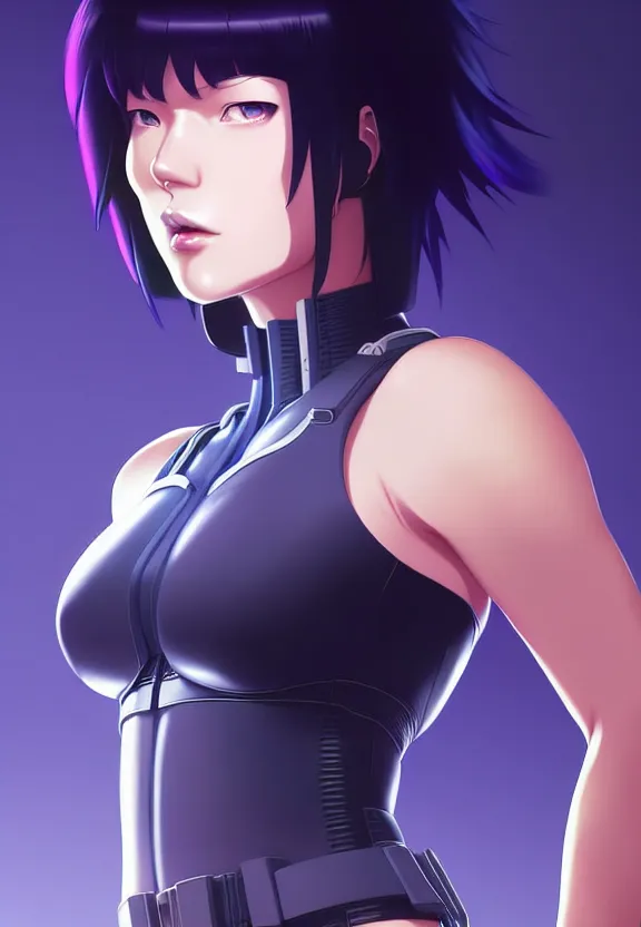 Image similar to a fullbody portrait of motoko kusanagi the major ghost in the shell : : connected to cables, under repairs, maintenance area, technicians : : by ilya kuvshinov, rossdraws, artgerm, sola digital arts, anti aliasing, raytracing : :