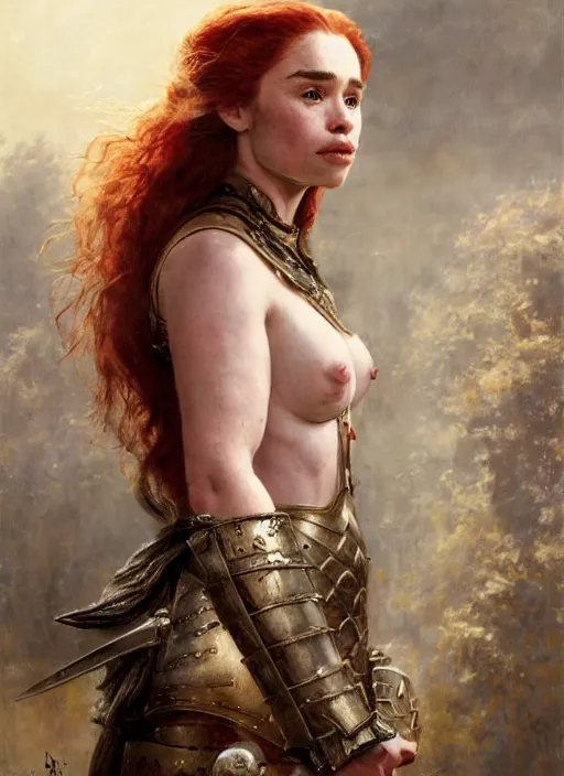 Image similar to short muscular redheaded woman wearing realistic medieval armour, emilia clarke staring seductively, staring seductively, detailed by gaston bussiere, bayard wu, greg rutkowski, giger, maxim verehin, greg rutkowski, masterpiece, sharp focus, cinematic lightning