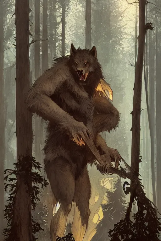 Image similar to fullbody portrait of a male werewolf, bared teeth, long claws, by greg rutkowski and alphonse mucha, gradient brown to silver, in front of a forest at night background, highly detailed portrait, digital painting, artstation, concept art, smooth, sharp focus illustration