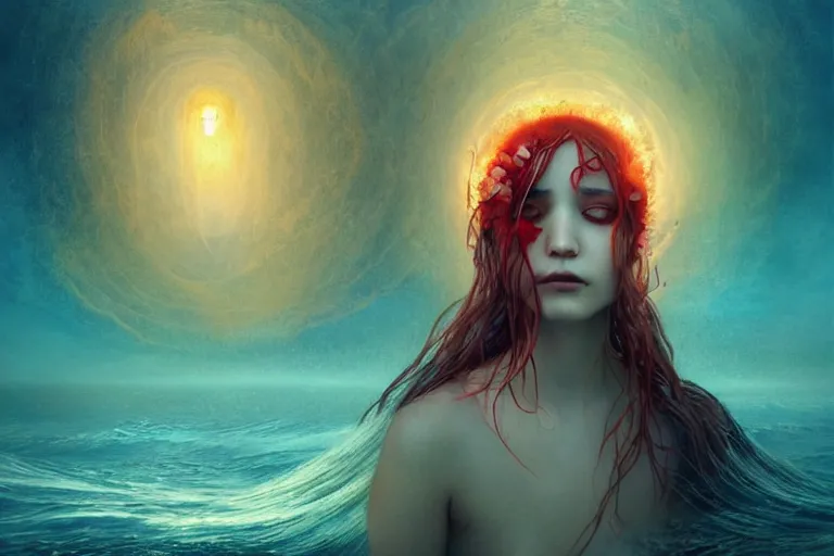 Image similar to Ocean catching fire with emerging fallen angel crying tears of blood, magical, transcendental, concept art, art nouveau, inspired by Reylia Slaby, Peter Gric, Merriam Daniel, intricate, ornate, trending on artstation, volumetric lighting, CGsociety