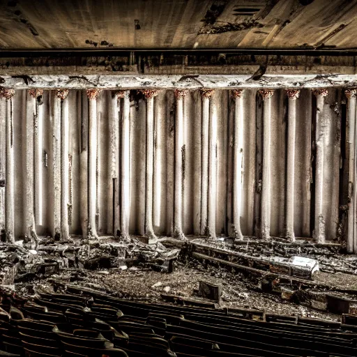 Image similar to a picture of a large abandoned theatre, it is a ruin, 50 mm, beautiful photograph