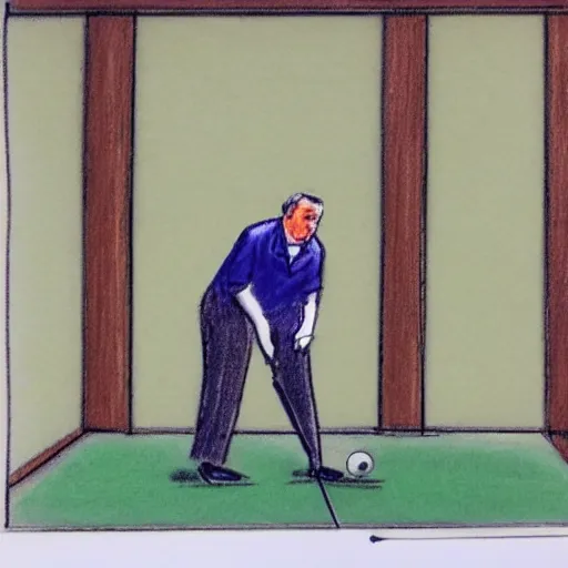 Prompt: a man playing golf in a courtroom, court sketch