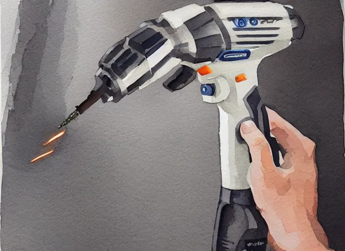 Image similar to concept art of a electril drill tool, pinterest, artstation trending, behance, watercolor, by coby whitmore, silver, laser light,