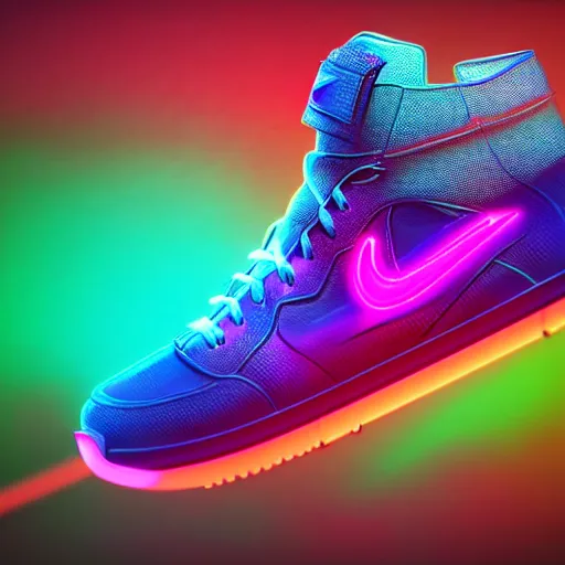 Image similar to extremely detailed realistic advertsing photograph of a ciberpunk mayan sneakers with neon lights by nike, bokeh, product shot view in studio, ArtStation, CGSociety