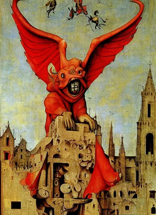 Image similar to red devil Gargoyle, Medieval painting by Jan van Eyck, Hieronymus Bosch, Florence