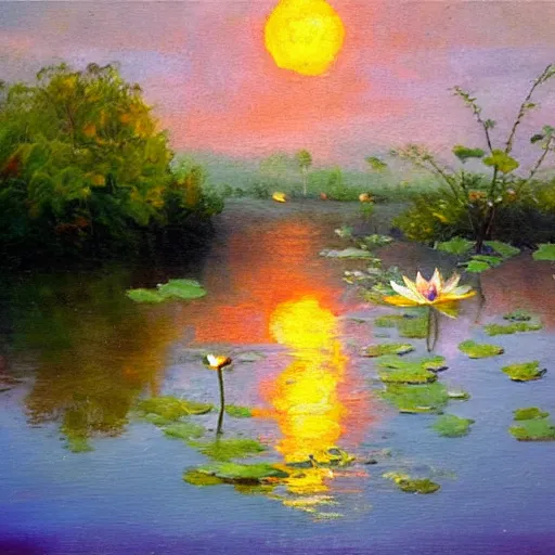 Image similar to A detailed, impressionist oil painting of moon shining over a lotus lake
