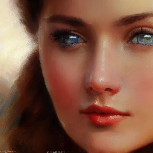 Image similar to extreme close - up of a beautiful woman's face, morning, highly detailed, ultrarealistic oil painting, vladimir volegov, artstation