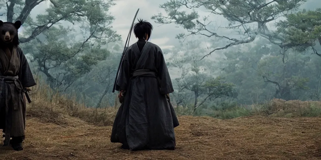 Prompt: scene from Rurouni Kenshin Origins, 2012, movie still, cinematic, anthropomorphic, half man half asian black bear, black bear samurai, Moon Bear Samurai, epic, samurai