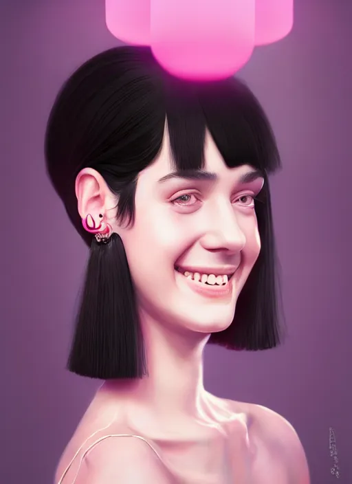 Image similar to portrait of high school girl, realistic, black hair, bangs, half updo hairstyle, pointy nose, skinny, smile, ugly, defined jawline, big chin, pink hair bow, earrings, intricate, elegant, glowing lights, highly detailed, digital painting, artstation, sharp focus, illustration, art by wlop, mars ravelo and greg rutkowski