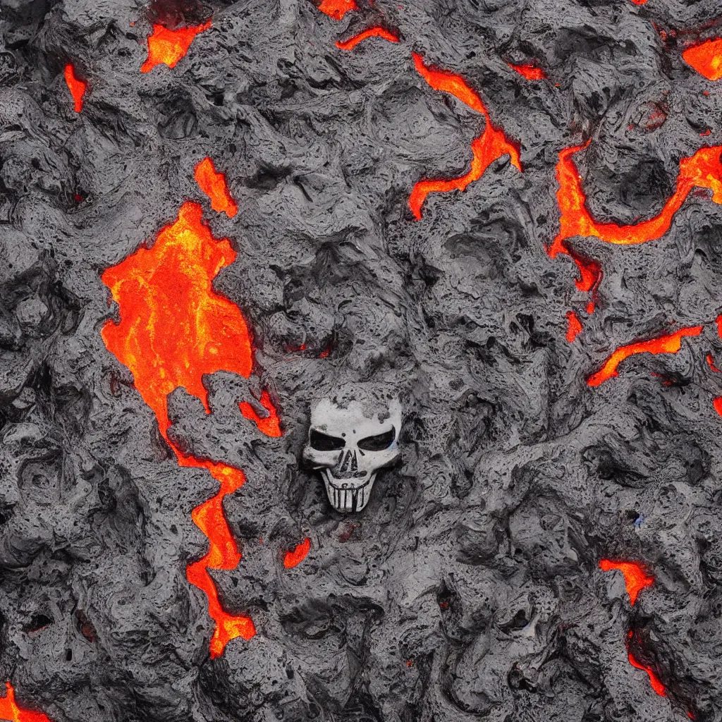 Image similar to wide angle scene of volcano caldera in the form of the punisher skull icon. punisher icon is lava lake with flowing fountains and rivers of lava. detailed, high art, intricate, artisan