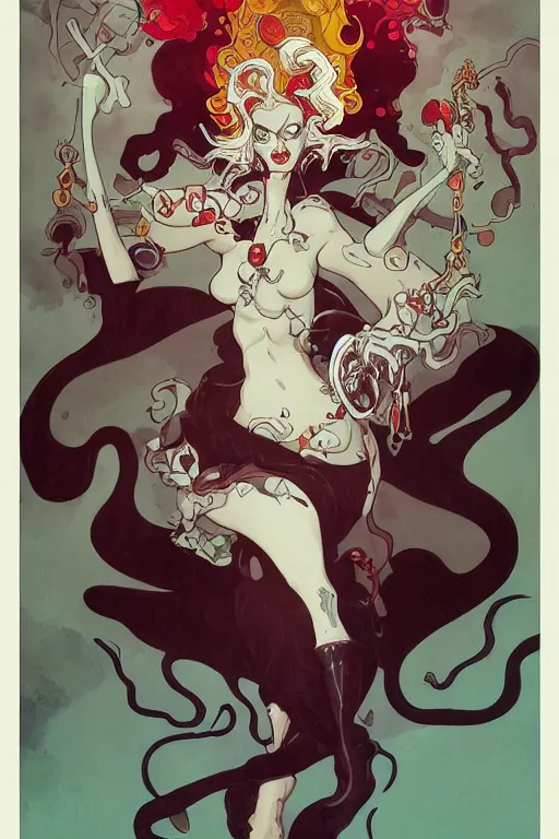 Image similar to portrait of crazy mad lady scientist, cruella devil, stylized illustration by peter mohrbacher, moebius, mucha, mike mignola, colorful comics style, clean line