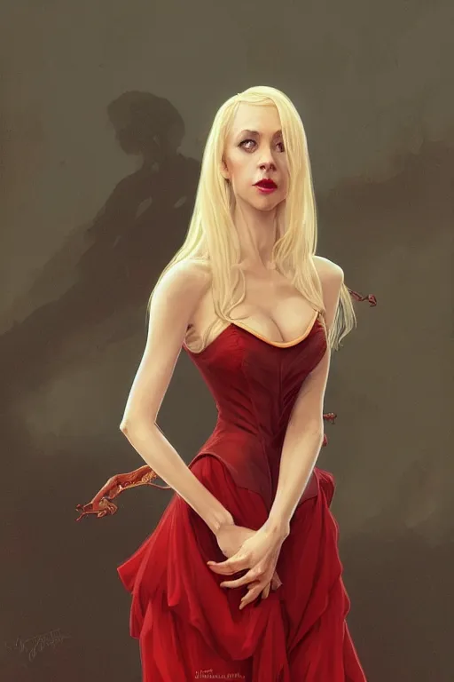 Image similar to nosferatu princess, blonde hair, wearing a red dress, highly detailed, digital painting, artstation, concept art, smooth, sharp focus, illustration, art by artgerm and greg rutkowski and alphonse mucha and andrei riabovitchev