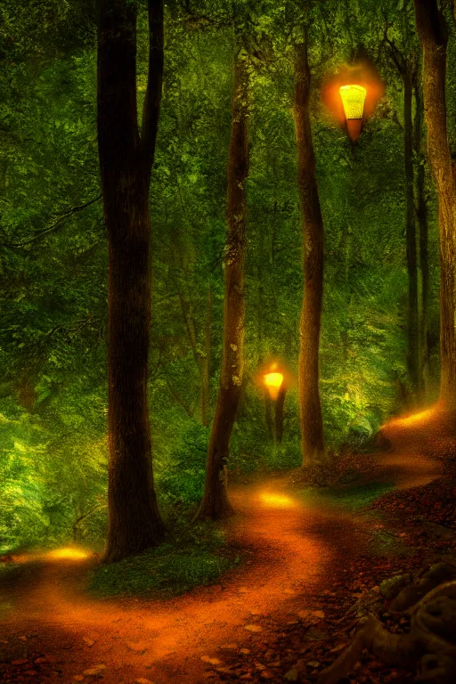 Image similar to a beautiful digital glossy clear sharp of a detailed antasy fireflies forest trees roots mushrooms fireflies moonlight and iron gate cobblestone pathway vines ground fog by james gurney, 8 k resolution trending on artstation