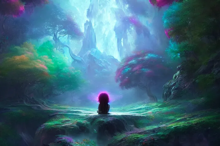 Prompt: a psychedelic realm hidden away in a pocket of ethereal understanding | astral beings sharing love | in the style of greg rutkowski | and wlop | and lisa frank | and bob ross | and ruan jia | illustration | epic | fantasy | hyper detailed | smooth | unreal engine | sharp focus | ray tracing