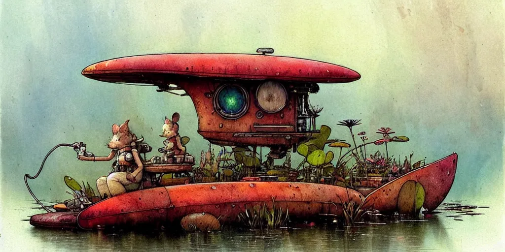 Image similar to adventurer ( ( ( ( ( 1 9 5 0 s retro future robot mouse house boat home. muted colors. swamp mushrooms. water lilies ) ) ) ) ) by jean baptiste monge!!!!!!!!!!!!!!!!!!!!!!!!! chrome red