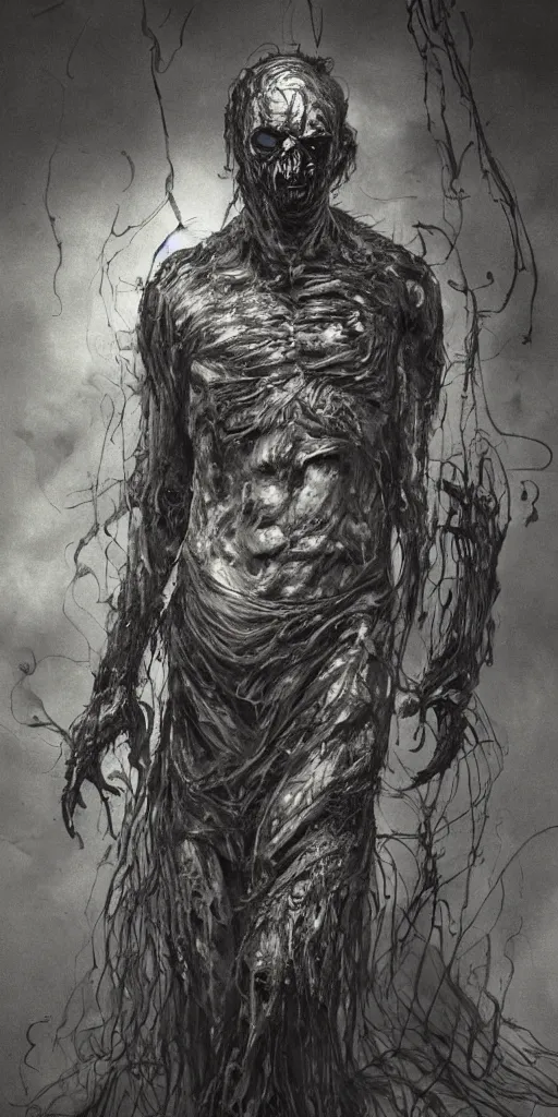 Image similar to concept art of a man with his body covered in burns, with evil black smoke coming out of his hands, full body, dark colors, sinister atmosphere, dramatic lighting, cinematic, establishing shot, extremely high detail, photo realistic, cinematic lighting, pen and ink, intricate line drawings, by Yoshitaka Amano, Ruan Jia, Kentaro Miura, Artgerm, post processed, concept art, artstation, matte painting, style by eddie mendoza, raphael lacoste, alex ross,