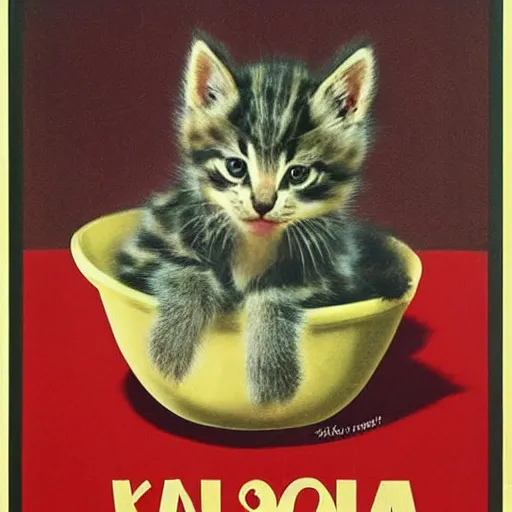 Image similar to baby kitten on a bowl of soup, soviet union poster propaganda