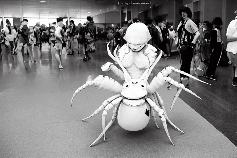 Image similar to cosplayer dressed like a crab, in 1 9 8 5, at an anime convention, royalcore, low - light photograph, photography by tyler mitchell