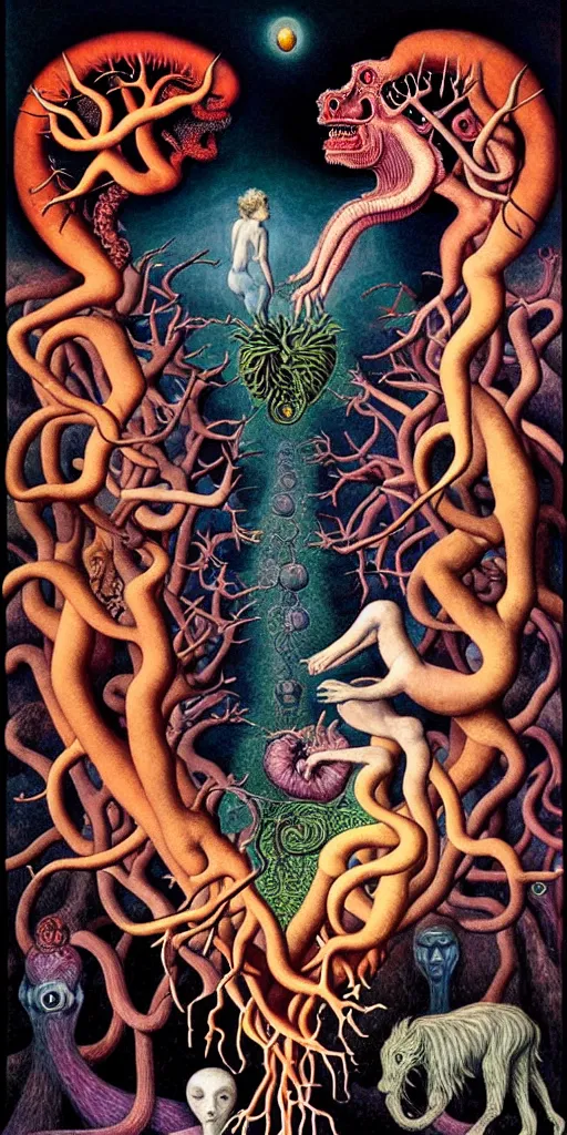 Image similar to mythical creatures and monsters in the visceral anatomical human heart imaginal realm of the collective unconscious, in a dark surreal painting by johfra, mc escher and ronny khalil