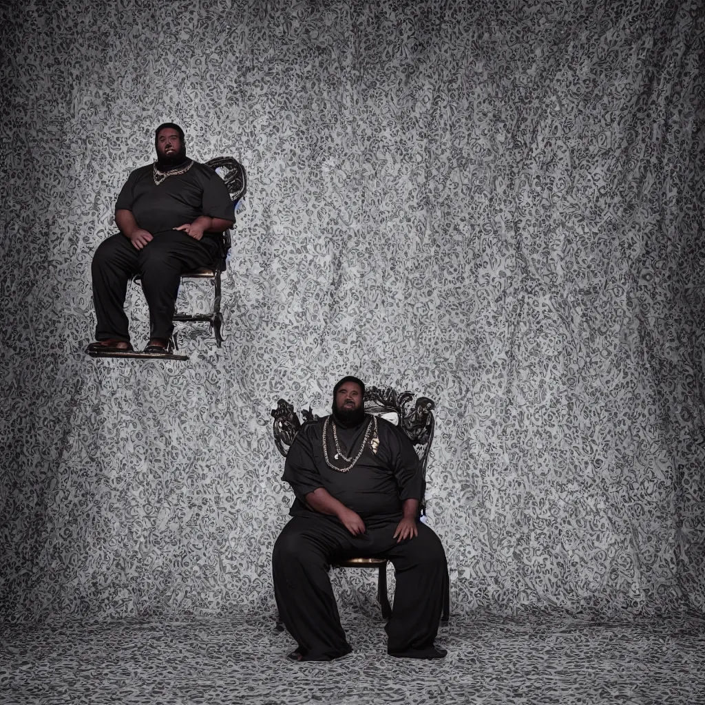 Image similar to Large black man sitting on throne wrapped in silk, background made of large folding curtains, dimly lit, dark, blacklight photography