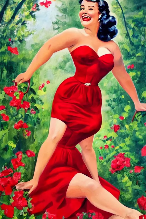 Prompt: a full view portrait of a beautifull woman, wearing a red dress,with a beautifull smile,a garden background.in american style pin up.anatomically correct