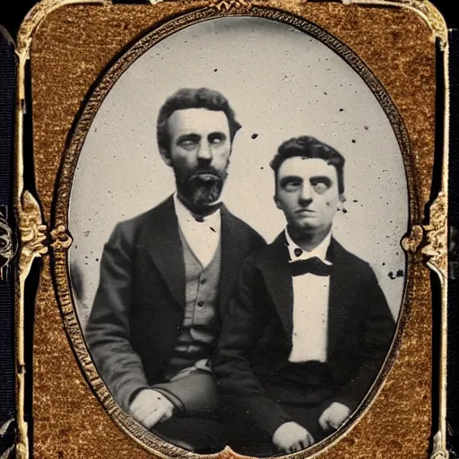 Image similar to tintype photo of rick and morty. 1 8 8 0 s