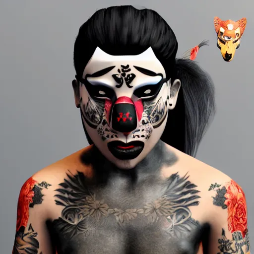 Prompt: a young male wearing a kitsune mask, his body is covered in tattoos, unreal engine 5, realistic, intricate