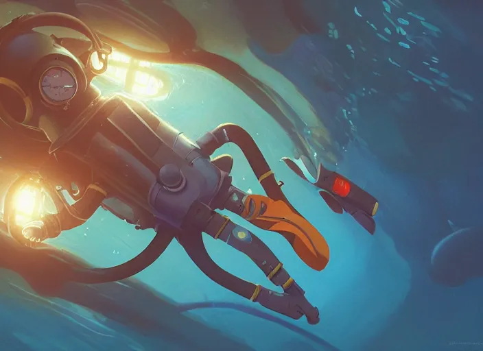 Prompt: An anthropomorphic cartoon fox as a retrofuturistic deep sea diver, helmet with led lights, underwater in the ocean at night, clear water, volumetric lighting, glowing lights, 4k, octane, digital painting, artstation, concept art, cinematic film, sharp focus, illustration, art by artgerm and greg rutkowski and alphonse mucha , wide angle view,