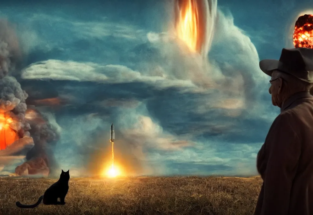 Image similar to old man with ( black cat ) watching nuke explosion cinematic, background blur bokeh, world ending nuke, 4 k