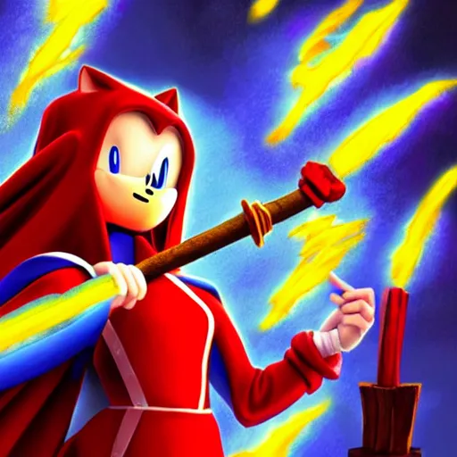 Prompt: red headed woman dressed in dark blue wizard robes holding a wooden staff covered in glowing red runes topped with a glowing gem. sonic the hedgehog stands beside her background of snowy mountains. fantasy painting.