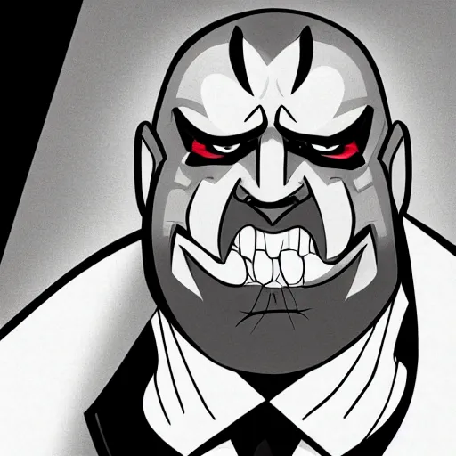 Image similar to Head-to-shoulder shot of Triple H as a Disney villain, Disney, cartoon, Disney style, 2d, drawn image, beautifully drawn, Disney 2d animation still, digital 2D animation, traditional animation, Disney style, Disney animation, Deviantart, very coherent symmetrical artwork, heroic look, artstation, villain