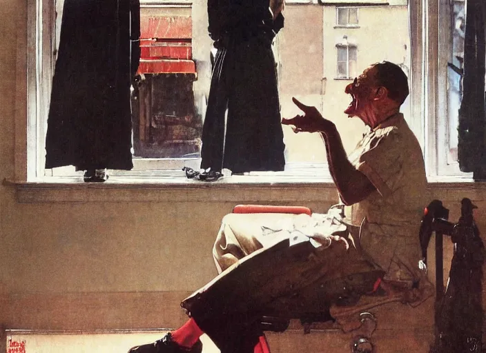 Image similar to a laughing man sitting by the window, a slim woman in the background, norman rockwell