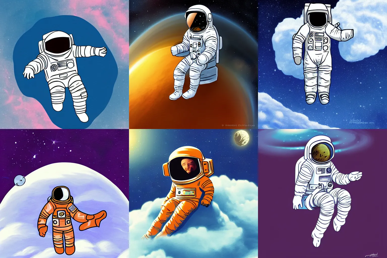 Prompt: an astronaut sitting on a cloud in the style of flooko, digital art,