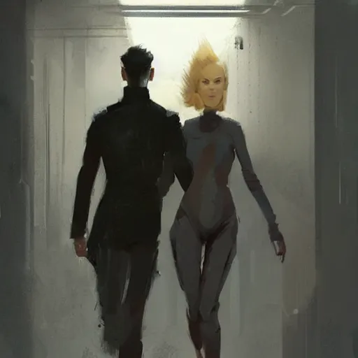 Image similar to concept art by greg rutkowski, a very tall, and slender woman with blond hair, talking with a very tall and slender mand with short black hair, brutalist futuristic interior, dark lighting atmosphere, detailed portraits, nostalgic atmosphere, scifi, digital painting, artstation, concept art, smooth, sharp foccus ilustration, artstation hq