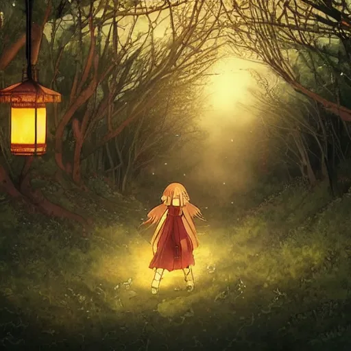 Prompt: anime, ultrawide, realist, zerochan, paper texture, intricate, very detailed, studio ghibli movie scene, woman in a dress, beautiful forest village, lanterns, wood bridge, witch's hut, night!!!!, fireflies!!, fog