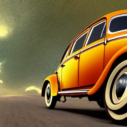 Image similar to promotional movie close - up of a ( volkswagen beatle ) car and insect lady bug hybrid. it is racing down a dusty back - road. cinematic, 4 k, imax, 7 0 mm