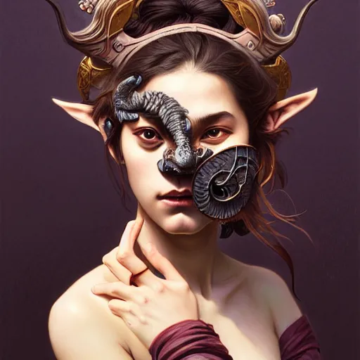 Image similar to Portrait of a girl with oni-half-mask smoke coming out of the nostrils, face, fantasy, intricate, elegant, highly detailed, digital painting, artstation, concept art, smooth, sharp focus, illustration, art by Wei Fan and Fernanda Suarez and Artem Demura and alphonse mucha