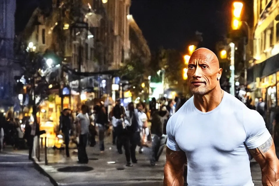 Image similar to Dwayne Johnson on the street in the night, bright lighting, high quality, ultra detailed , full body