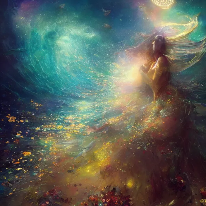 Image similar to glimmering whale, flowing dress, flowers, cosmos, milky way galaxy, swirling, dancing, golden hour, god rays, coral reef, dreamscape by artgerm and ruan jia and ismail inceoglu and greg olsen, masterpiece, beautiful, intricate, elegant, highly detailed