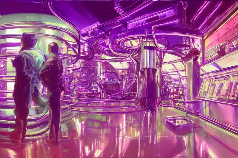 Image similar to A highly detailed rendering bitcoin demand, soft neon purple lighting, reflective surfaces, sci-fi concept art, by Syd Mead and H.R.Giger, highly detailed, oil on canvas