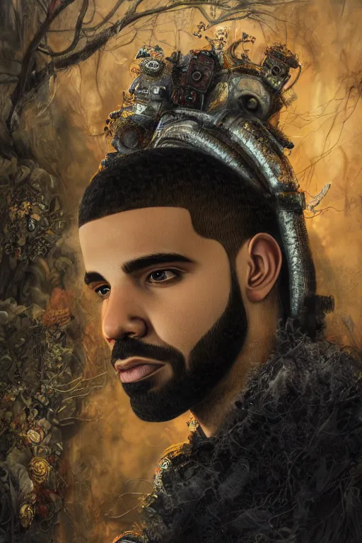 Prompt: portrait of drake by mahmoud farshchian, mia brownell, very detailed, maximalism, ambient occlusion, volumetric light, atmospheric haze, hyper realism, cyberpunk shading, cinematic composition, realistic render, photorealistic, wide shot